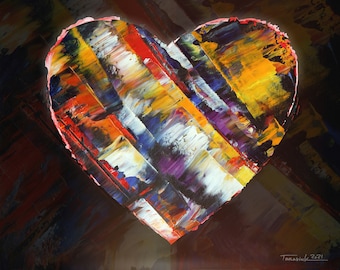 Abstract Heart Print on Canvas: Colorful Brushstrokes, Love Sign
