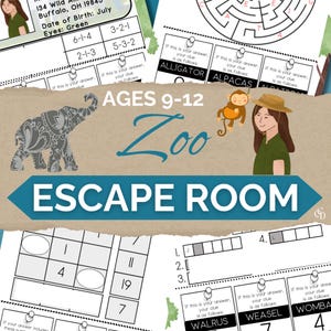 Zoo Escape Rooms for Kids, Printable Party Game, Mystery Puzzle Game, Puzzles for Kids, DIY Party Game Ages 9-12, Birthday Party Game.