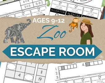Escape Room allo zoo per bambini, gioco di società stampabile, gioco di puzzle misterioso, puzzle per bambini, gioco di società fai da te per bambini dai 9 ai 12 anni, gioco per feste di compleanno.