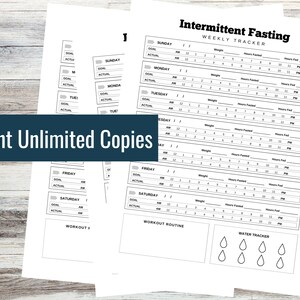 May include: Printable intermittent fasting tracker with a weekly log for tracking weight, hours fasted, and hours fed. The tracker includes a water tracker and a workout routine section.