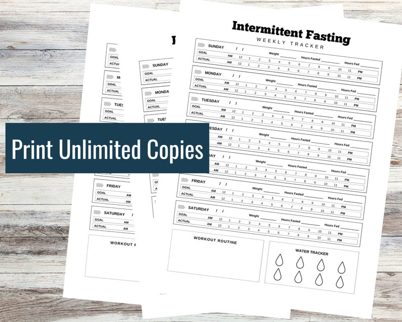 May include: Printable intermittent fasting tracker with a weekly log for tracking weight, hours fasted, and hours fed. The tracker includes a water tracker and a workout routine section.