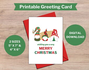 Printable Gnome Merry Christmas Greating Card, Wishing You A Merry Christmas Printable Card, Scandinavian Gnome Printable Card, Download
