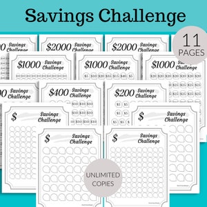 Könnte beinhalten: Ein druckbarer Spar-Challenge-Tracker mit 11 Seiten. Die Seiten sind so konzipiert, dass Sie in Schritten von 2000 €, 1000 €, 800 €, 400 €, 200 €, 100 €, 50 €, 25 €, 20 €, 10 € und 5 € sparen können. Die Seiten sind schwarzweiß und haben ein schlichtes Design.