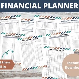 Könnte beinhalten: Druckbarer Finanzplaner mit einem gestreiften Design in Teal, Braun und Weiß. Der Planer enthält Blätter für monatliche Ausgaben, jährliche Rechnungen, einen Schulden-Schneeball-Tracker, einen Rechnungs-Tracker und einen Schuldenrückzahlungs-Tracker. Der Text "Drucken und ausfüllen" und "Sofortiger Download" ist enthalten.