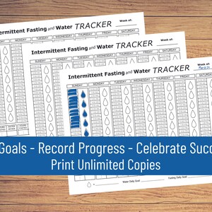 May include: Printable intermittent fasting and water tracker with a blue banner that says "Set Goals - Record Progress - Celebrate Success Print Unlimited Copies". The tracker has a grid with days of the week, times, and water intake symbols.