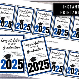Étiquette de faveurs de la promotion 2025, étiquette cadeau imprimable bleu et blanc pour la fête des diplômés, étiquette de diplômés félicitations, décorations de remise des diplômes 2025