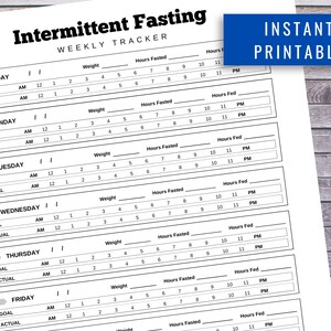 May include: Printable weekly tracker for intermittent fasting. The tracker includes sections for weight, hours fasted, hours fed, goal, and actual for each day of the week: Sunday, Monday, Tuesday, Wednesday, Thursday, Friday, and Saturday.