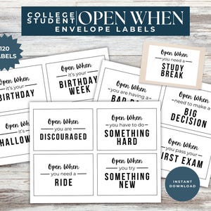 Open When College Envelopes for Students, Leaving Home Gift, College Care Package, Open When Cards, College Going Away Gift Labels / Letters