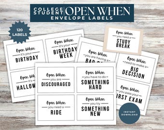 Open When College Envelopes for Students, Leaving Home Gift, College Care Package, Open When Cards, College Going Away Gift Labels / Letters