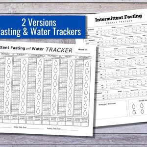 May include: Printable intermittent fasting and water tracker with two versions. The first version is a daily tracker with a grid for each day of the week, with times from 12:00 AM to 11:30 PM. The second version is a weekly tracker with a grid for each day of the week, with columns for weight, hours fasted, and hours fed.