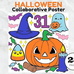 Peut inclure: Une affiche collaborative d'Halloween avec 25 pages représentant un chapeau de sorcière, un fantôme tenant une citrouille, une citrouille avec un visage de citrouille, un maïs sucré, une bougie et le nombre 31.