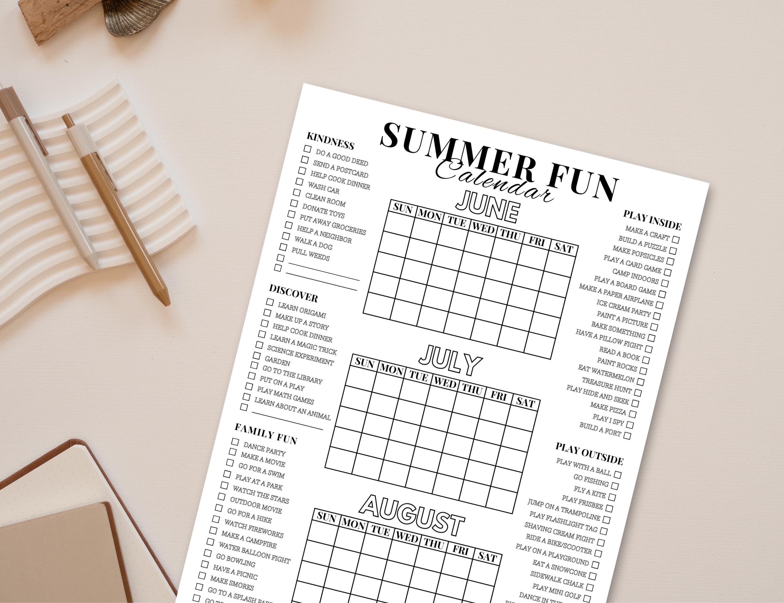 Summer Fun Calendar, Printable Summer Bucket List, Summer Activities ...