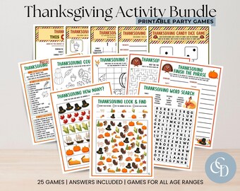 Thanksgiving Games Bundle, Printable Game Activity Pages, Word Search, Party Games, Printable Games, Left Right Game, Photo Scavenger Hunt