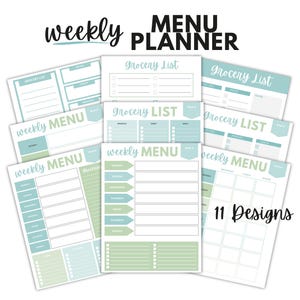 Könnte beinhalten: Eine Sammlung von Wochenmenü- und Einkaufslistenplanern in verschiedenen Designs. Die Planer haben ein klares, minimalistisches Design mit weißem Hintergrund und Akzenten in Hellblau und Grün. Der Text enthält "weekly MENU" und "Grocery List". Das Bild zeigt "11 Designs".