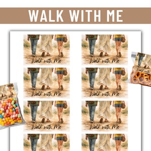 May include: Printed labels featuring the text "Walk With Me" and an illustration of three people walking. The image also shows small bags filled with jelly beans and pretzels, with the same illustration and text.