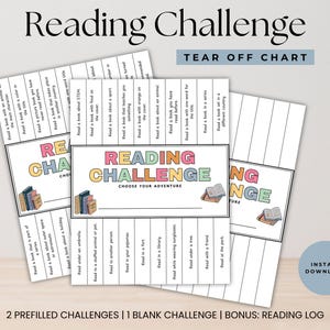 May include: A tear-off chart for a Reading Challenge, featuring the words "Reading Challenge" in a colourful design. The chart includes reading prompts and a space for tracking progress. The image also includes the text "Choose Your Adventure" and "Instant Download".