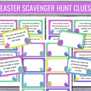 Ostern Druckbare Indoor Schnitzeljagd, Osterei-Hinweiskarten für Kinder Osteraktivität, Indoor-Jagd, um Leckereien oder Osternest zu entdecken, PDF