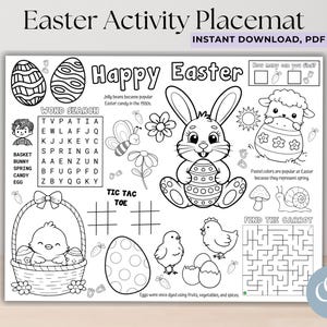 May include: Black and white Easter activity placemat with a word search, tic-tac-toe, and a maze. Includes illustrations of a bunny, chick, sheep, and decorated Easter eggs. Text reads "Happy Easter". Instant download PDF.