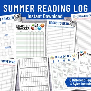 Könnte beinhalten: Druckbarer Sommer-Leselog mit 8 verschiedenen Seiten und 4 Stilen. Enthält einen Lesetracker, einen Kapiteltracker, eine Liste mit Büchern zum Lesen, Lesebingo und eine 10-Buch-Challenge.