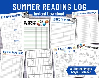 Summer Reading Log Bundle for Kids, Printable Reading Challenge Tracker, Book Journal, Reading Bingo, Chapter Tracker, Reading Kit PDF