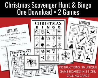 May include: A printable Christmas bingo and scavenger hunt game set. The image shows a sample bingo card with images of Christmas icons like a snowman, reindeer, and presents. The text on the page reads "Christmas Bingo/Scavenger Hunt Cards" and "Instructions, 30 Unique Game Boards in 2 Sizes, Calling Cards".