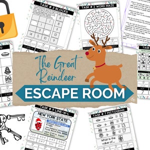 Op de afbeelding: Een printbaar escape room-spel met als thema een rendier met een rode neus. Het spel bevat negen taken, zoals een woorddoolhof, een sudoku-puzzel en een vormverschuivingspuzzel. Het spel is ontworpen voor kinderen en volwassenen.