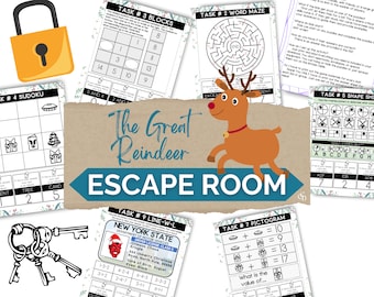 Christmas Escape Rooms for Kids, Printable Party Game, REINDEER Theme, Mystery Puzzle Game, Puzzles for Kids, DIY Party Game for Ages 6-8.