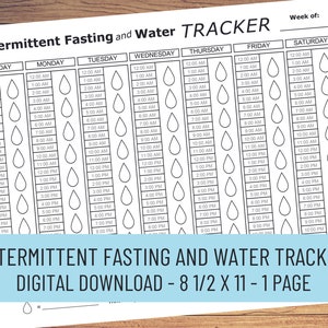 May include: A printable black and white intermittent fasting and water tracker with a drop of water icon. The tracker is divided into seven columns for each day of the week, with hourly time slots from 12:00 AM to 10:00 PM. The tracker is designed to help people track their water intake and fasting periods.