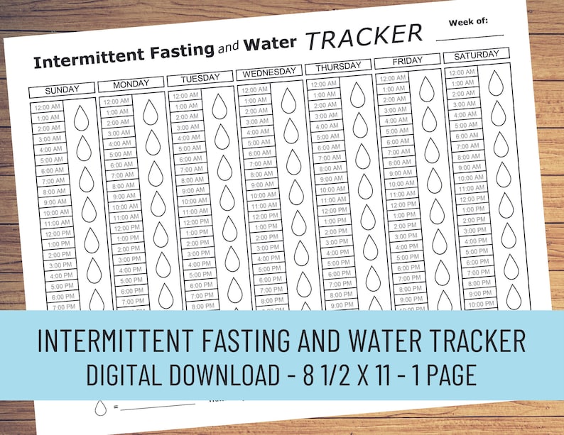 May include: A printable black and white intermittent fasting and water tracker with a drop of water icon. The tracker is divided into seven columns for each day of the week, with hourly time slots from 12:00 AM to 10:00 PM. The tracker is designed to help people track their water intake and fasting periods.