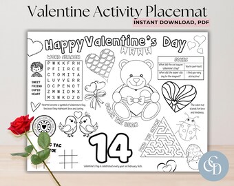 Valentine Activity Placemat, Coloring Page, Word Search, Maze (Instant Download).