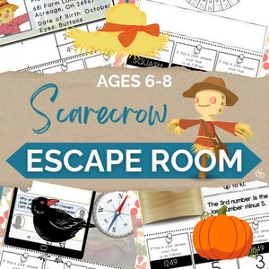Halloween Escape Rooms for Kids, Printable Party Game, SCARECROW Theme, Mystery Puzzle Game, Puzzles for Kids, DIY Party Game for Ages 6-8.