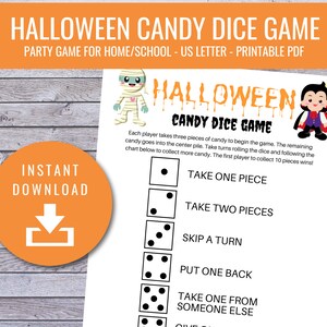 Juego de dados de dulces de Halloween, Juegos de fiesta de Halloween, Actividades de Halloween, Fiesta escolar de Halloween, Imprimibles instantáneos, Juegos para niños adultos, PDF