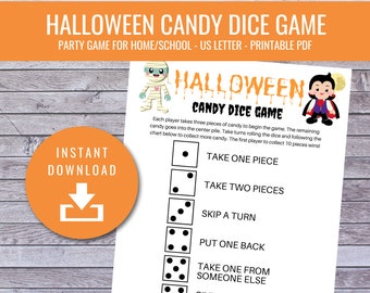 Gra w kości cukierków na Halloween, gry na imprezę Halloween, aktywności na Halloween, szkolna impreza Halloween, materiały do natychmiastowego wydruku, gry dla dorosłych dzieci, PDF