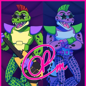 Puede incluir: Dos cocodrilos de dibujos animados con gafas de sol y tocando m&uacute;sica. Uno es verde con una camisa morada y est&aacute; tocando una guitarra. El otro es morado con una camisa verde y est&aacute; de pie con los brazos cruzados. Ambos tienen un patr&oacute;n a cuadros en las piernas.