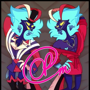 May include: A digital illustration of a blue and black character with a red and white striped shirt and a red hat. The character is wearing a red robe and has a heart on its chest. The character is in a pose with its arms outstretched and its legs crossed.