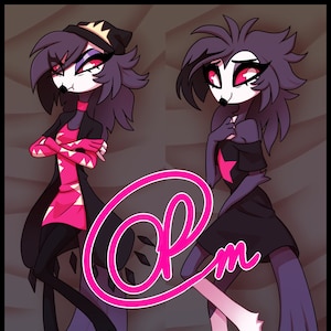 May include: Two cartoon characters with dark purple hair and outfits. One wears a black coat over a pink and white dress, the other a black dress with a pink star. Both have red eyes and white faces. A pink logo is in the foreground.
