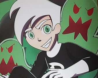 May include: A cartoon illustration of a ghost character with white hair and a black and white outfit. The character is surrounded by green ghosts with red eyes and mouths. The character is sitting on a green ghost with its legs crossed.
