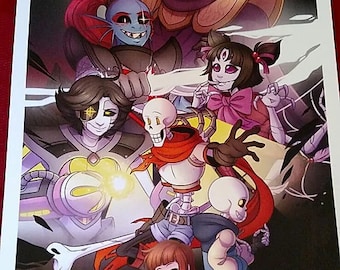 May include: A colorful illustration featuring characters from the video game Undertale. The characters are standing in front of a dark background. The characters include Sans, Papyrus, Frisk, Undyne, Alphys, and Asgore.