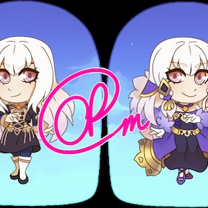 May include: Two illustrations of a white-haired anime character with pink eyes. The character on the left is wearing a black and gold dress with a blue sash. The character on the right is wearing a purple and gold dress with a blue sash and a crown.