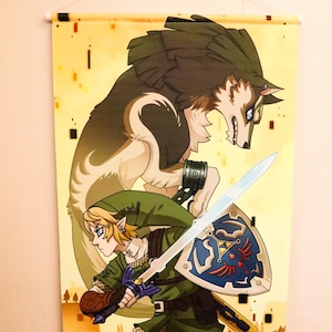 May include: A wall scroll featuring a digital illustration of characters from The Legend of Zelda. The artwork depicts Link with a sword and shield, and a large wolf. The background is a yellow gradient with a cityscape.