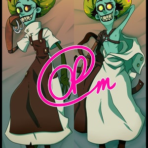 Puede incluir: Dos ilustraciones de un personaje de dibujos animados con piel verde, que lleva un sombrero marr&oacute;n y verde con flores, y una camisa blanca con un delantal marr&oacute;n. El personaje de la izquierda sostiene un objeto marr&oacute;n y plateado. El personaje de la derecha lleva una t&uacute;nica blanca.