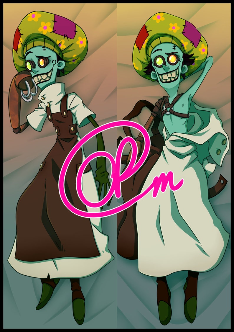 Puede incluir: Dos ilustraciones de un personaje de dibujos animados con piel verde, que lleva un sombrero marr&oacute;n y verde con flores, y una camisa blanca con un delantal marr&oacute;n. El personaje de la izquierda sostiene un objeto marr&oacute;n y plateado. El personaje de la derecha lleva una t&uacute;nica blanca.