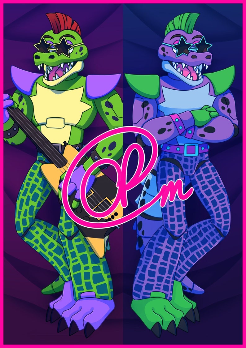 Puede incluir: Dos cocodrilos de dibujos animados con gafas de sol y tocando m&uacute;sica. Uno es verde con una camisa morada y est&aacute; tocando una guitarra. El otro es morado con una camisa verde y est&aacute; de pie con los brazos cruzados. Ambos tienen un patr&oacute;n a cuadros en las piernas.