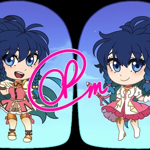 May include: Two cartoon illustrations of a character with blue hair and blue eyes, wearing a pink and white dress. The character is in a chibi style. A pink logo with the letters "@pm" is overlaid on the image.