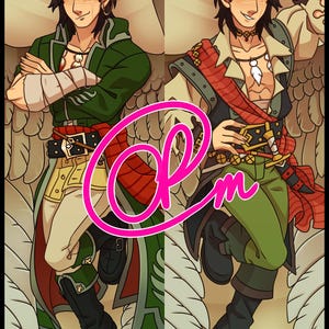 May include: A digital illustration of a person with wings. The person is wearing a green and red outfit with a belt and a sword. The person is standing on a sandy background.