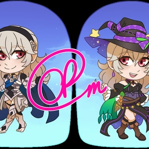 May include: A digital illustration of a female character in two different outfits. On the left, she is wearing a blue and white knight outfit with a blue cape. On the right, she is wearing a purple and green witch outfit with a star-shaped hat.