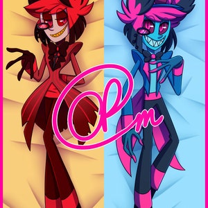Puede incluir: Dos personajes de dibujos animados, uno rojo y otro azul, est&aacute;n tumbados de lado sobre un fondo amarillo y azul. El personaje rojo tiene cuernos y un traje rojo con una pajarita negra. El personaje azul tiene cuernos y un traje azul con una pajarita rosa. Ambos personajes tienen una sonrisa traviesa.