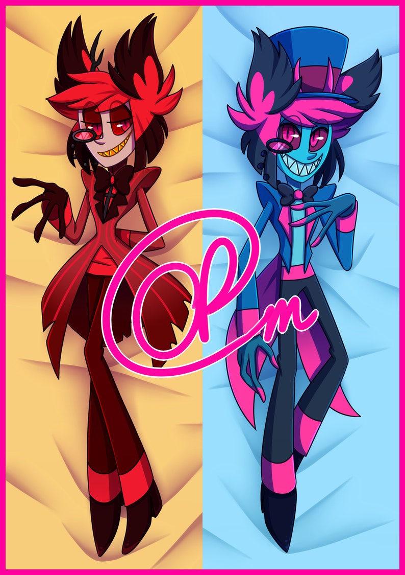 Puede incluir: Dos personajes de dibujos animados, uno rojo y otro azul, est&aacute;n tumbados de lado sobre un fondo amarillo y azul. El personaje rojo tiene cuernos y un traje rojo con una pajarita negra. El personaje azul tiene cuernos y un traje azul con una pajarita rosa. Ambos personajes tienen una sonrisa traviesa.