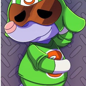 Puede incluir: Una ilustraci&oacute;n de dibujos animados de un rat&oacute;n verde y blanco que lleva un casco de carreras con el n&uacute;mero "3" en &eacute;l. El rat&oacute;n est&aacute; tumbado de lado sobre una superficie con un patr&oacute;n gris y blanco. Hay dos peras verdes en el fondo.