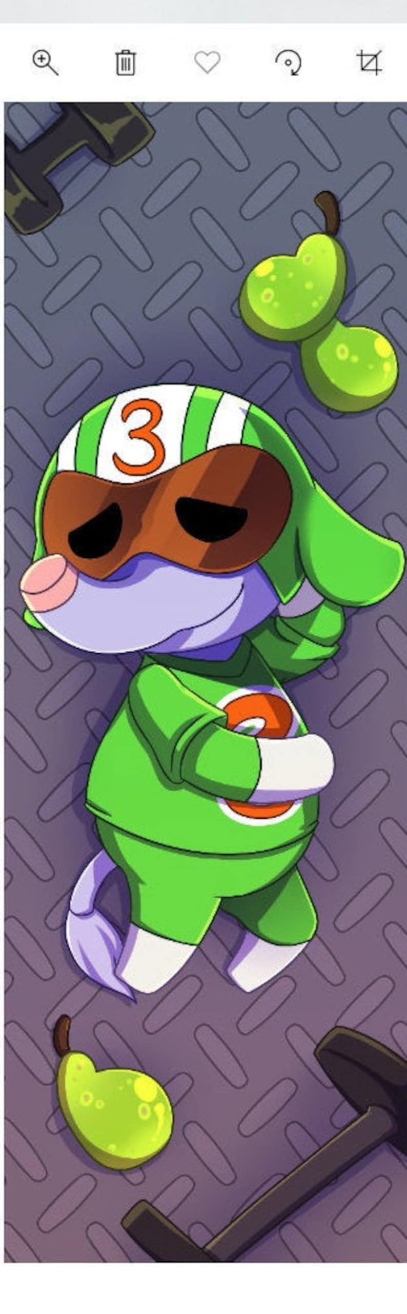 Puede incluir: Una ilustraci&oacute;n de dibujos animados de un rat&oacute;n verde y blanco que lleva un casco de carreras con el n&uacute;mero "3" en &eacute;l. El rat&oacute;n est&aacute; tumbado de lado sobre una superficie con un patr&oacute;n gris y blanco. Hay dos peras verdes en el fondo.